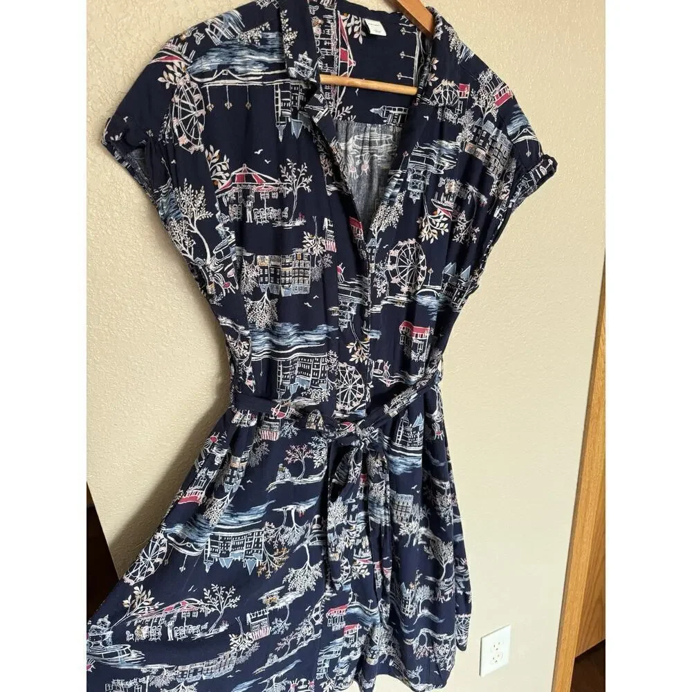 Old Navy Novelty Print Shirt Dress Large Scenic Village Print Navy